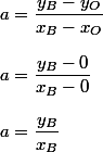 a=\dfrac{y_B-y_O}{x_B-x_O}\\\\a=\dfrac{y_B-0}{x_B-0}\\\\a=\dfrac{y_B}{x_B}